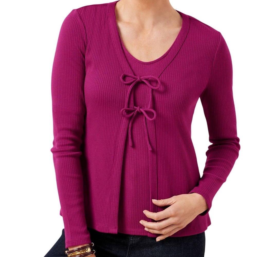 Talbots Women's Ribbed Tie Front Cardigan Magenta Pink Sz Large Preppy Old Money